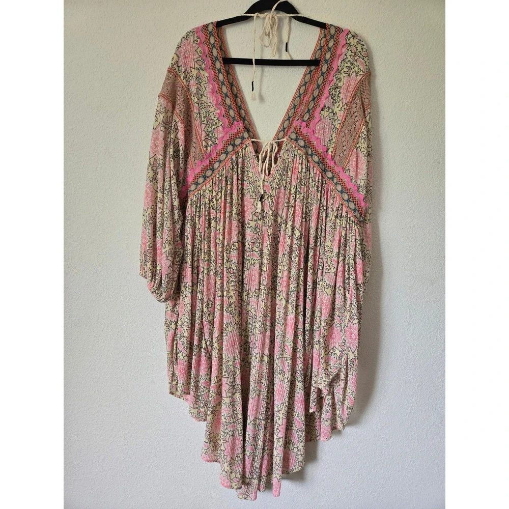 Free People XL Pink Floral Crochet Lace Moon Child Balloon Sleeve Dress Oversize